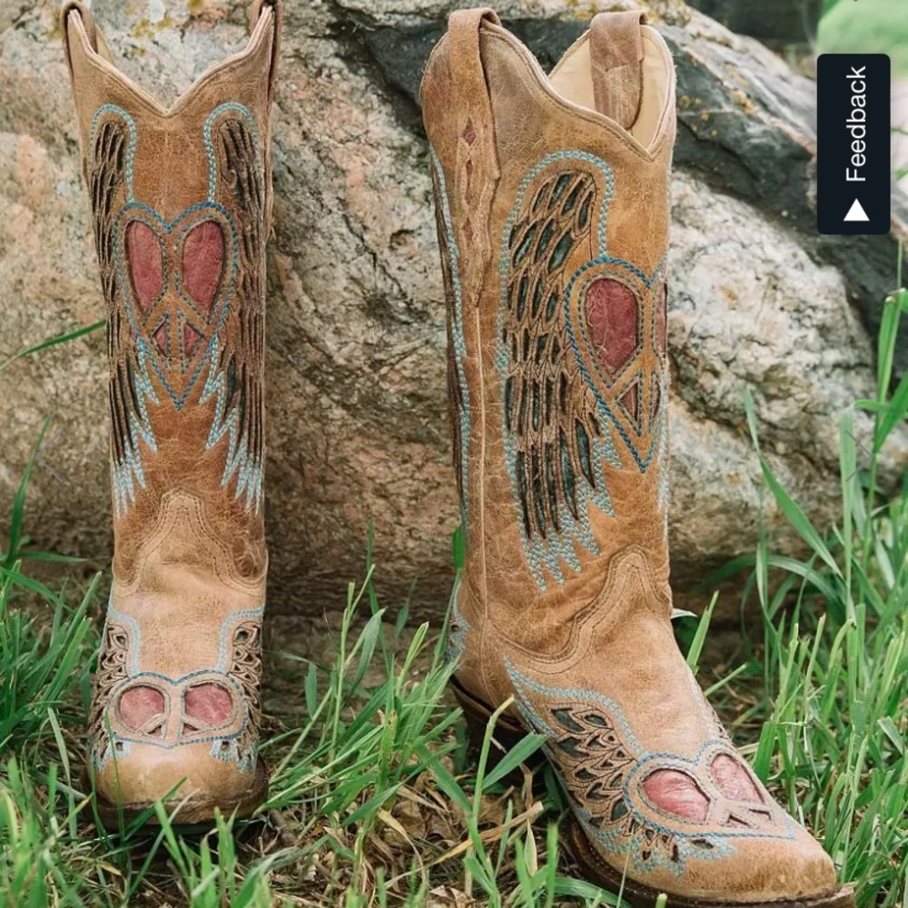 Corral Heart Wings Square Toe Leather Boots, worn, but in good condition